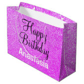 Glam Happy Birthday Paars Glitter Sparkle Name Groot Cadeauzakje (Achterkant Gekanteld)