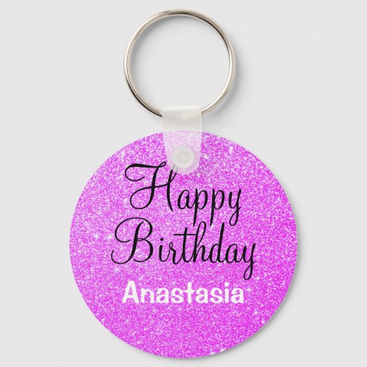 Glam Happy Birthday Paars Glitter Sparkle Name Sleutelhanger (Voorkant)