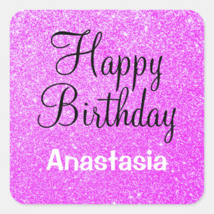 Glam Happy Birthday Paars Glitter Sparkle Name Vierkante Sticker