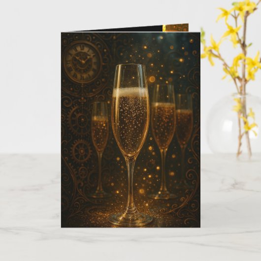 Glam Happy New Year Steampunk Champagne Kaart (Gele Bloem)