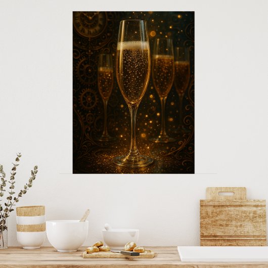 Glam Happy New Year Steampunk Champagne Poster (Keuken)
