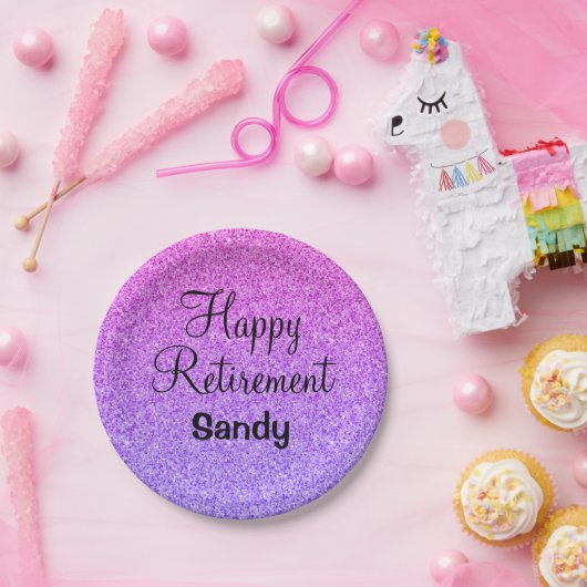 Glam Happy Retirement Ombre Paarse Glitter Sparkle Papieren Bordje (Feest)