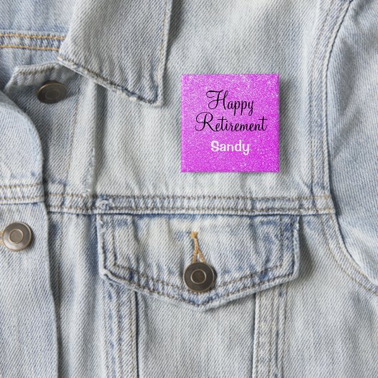 Glam Happy Retirement Paarse Glitter Sparkle Vierkante Button 5,1 Cm (In situ)