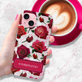 Glam Heet Roze Paarse Rozen Marmeren Monogram Naam iPhone 15 Case