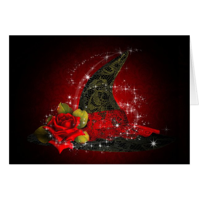 Glam Heksenhoed Kant Zwarte & Rode Glitters Feest (Voorkant Horizontaal)