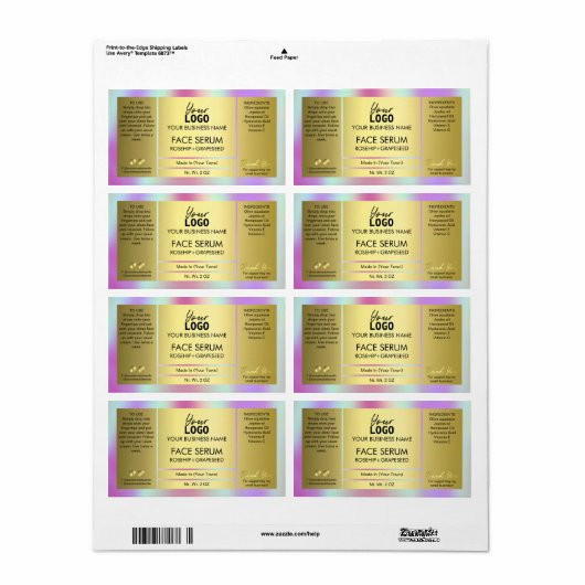 Glam-holografisch en goudoliereserumlabel etiket (Full Sheet)