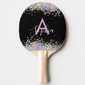 Glam holografisch glitter monogram script zwart tafeltennisbatje (Voorkant)