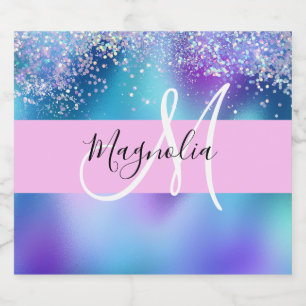 Glam Holografisch Zeemeermin Glitter Sparkle Monog Sparkling Wijnetiket