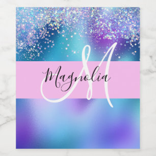 Glam Holografische Zeemeermin Glitters Glans Monog Wijn Etiket