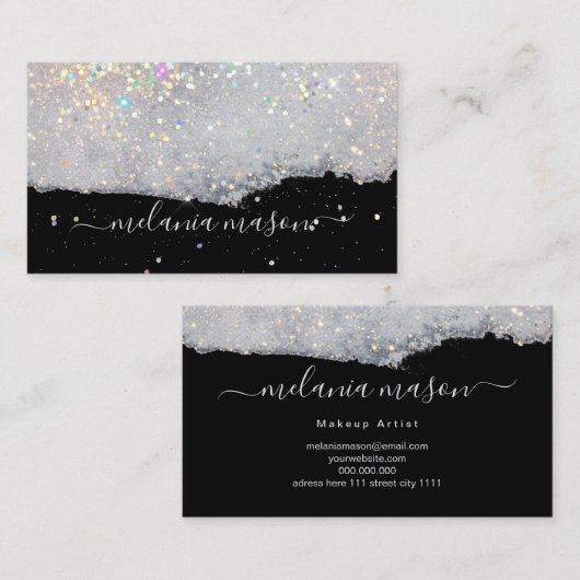 Glam Holographic Glitter Makeup Artist Black Visitekaartje (Voorkant / Achterkant)