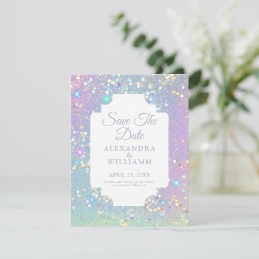 Glam Holographic Glitter Modern Save the Date (Staand voorkant)
