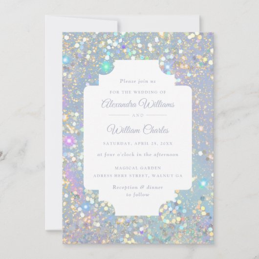 Glam Holographic Glitter Modern Wedding Kaart (Voorkant)