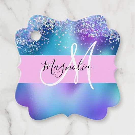 Glam Holographic Mermaid Glitter Sparkle Monogram Bedankjes Labels (Voorkant)