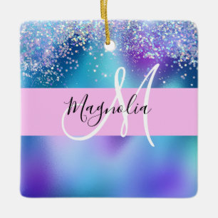 Glam Holographic Mermaid Glitter Sparkle Monogram Keramisch Ornament