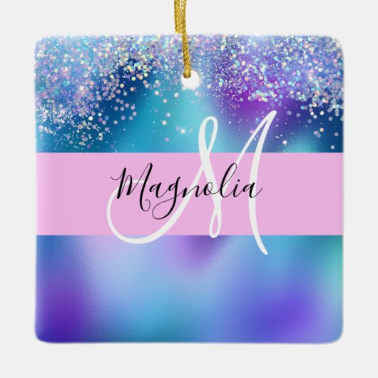 Glam Holographic Mermaid Glitter Sparkle Monogram Keramisch Ornament (Voorkant)