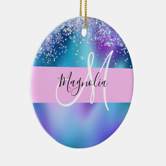 Glam Holographic Mermaid Glitter Sparkle Monogram Keramisch Ornament (Rechts)