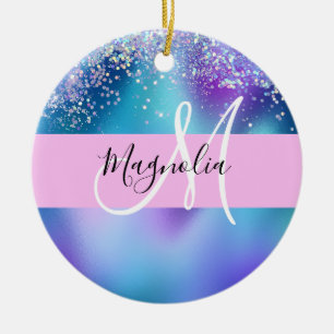 Glam Holographic Mermaid Glitter Sparkle Monogram Keramisch Ornament