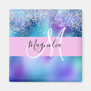 Glam Holographic Mermaid Glitter Sparkle Monogram Magneet