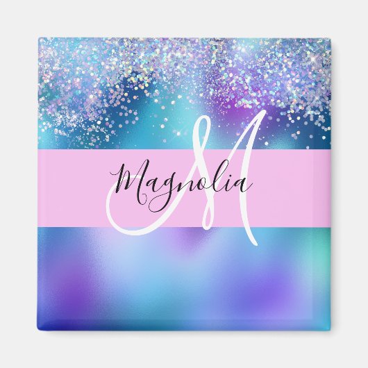 Glam Holographic Mermaid Glitter Sparkle Monogram Magneet (Voorkant)