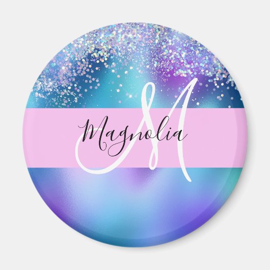 Glam Holographic Mermaid Glitter Sparkle Monogram Magneet (Voorkant)