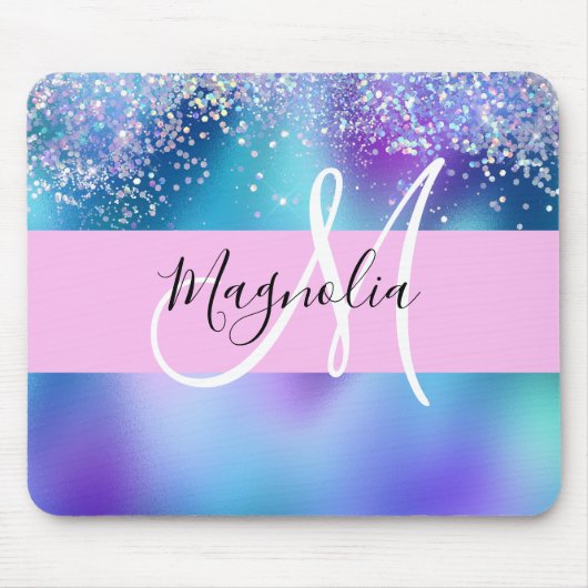 Glam Holographic Mermaid Glitter Sparkle Monogram Muismat (Voorkant)