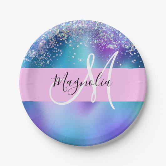 Glam Holographic Mermaid Glitter Sparkle Monogram Papieren Bordje (Voorkant)