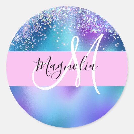 Glam Holographic Mermaid Glitter Sparkle Monogram Ronde Sticker (Voorkant)