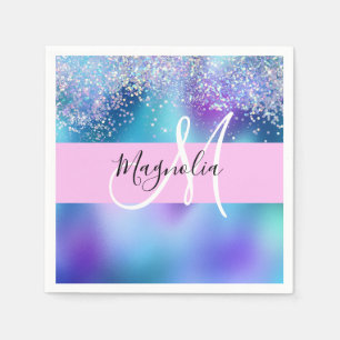 Glam Holographic Mermaid Glitter Sparkle Monogram Servet