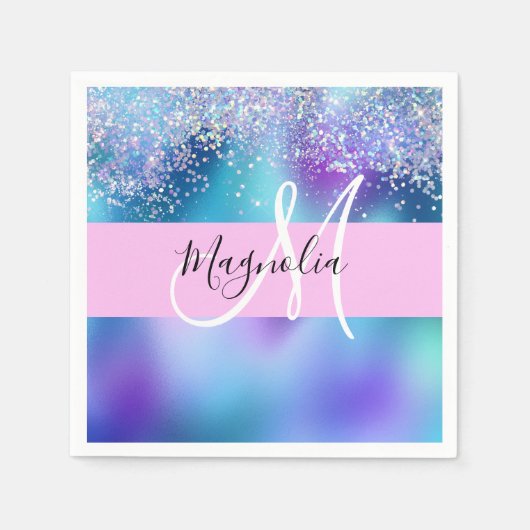 Glam Holographic Mermaid Glitter Sparkle Monogram Servet (Voorkant)