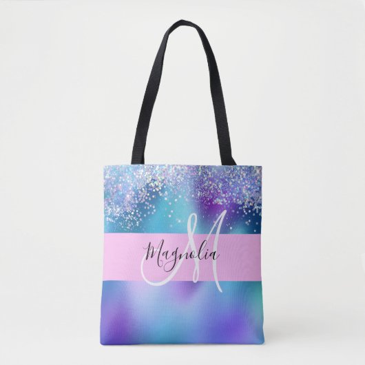 Glam Holographic Mermaid Glitter Sparkle Monogram Tote Bag (Voorkant)