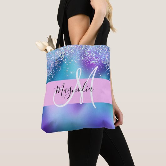 Glam Holographic Mermaid Glitter Sparkle Monogram Tote Bag (Dichtbij)