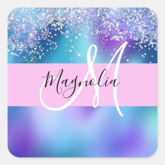 Glam Holographic Mermaid Glitter Sparkle Monogram Vierkante Sticker (Voorkant)