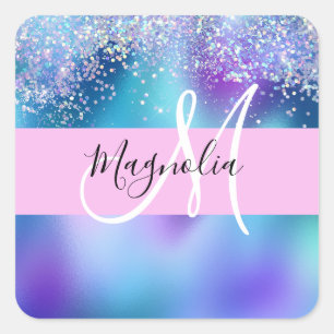 Glam Holographic Mermaid Glitter Sparkle Monogram Vierkante Sticker