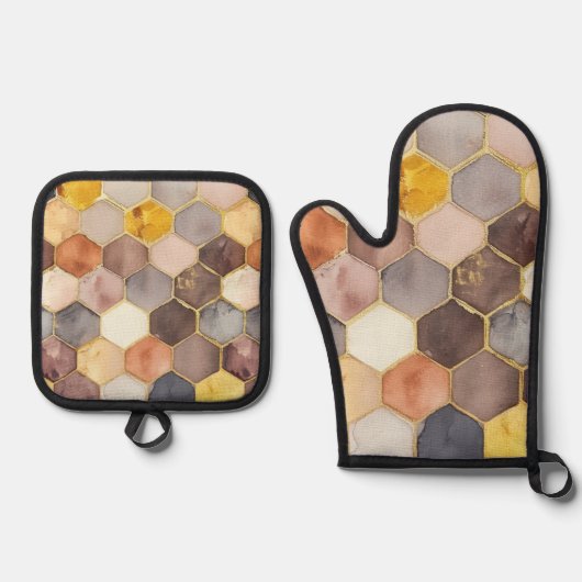 Glam Honey Comb Blush Champagne Abstract Ovenwant & Pannenlap Set (Voorkant)