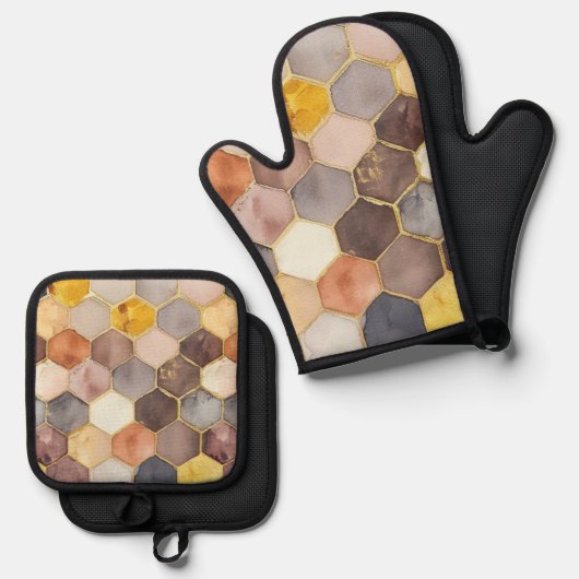 Glam Honey Comb Blush Champagne Abstract Ovenwant & Pannenlap Set (Voorkant / Achterkant)