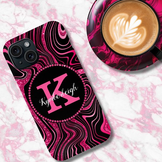 Glam Hot Pink Black Marble Agate Glitter Monogram Case-Mate iPhone Case
