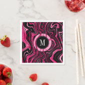 Glam Hot Pink Black Marble Agate Glitter Monogram Servet (Insitu)