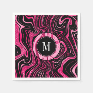 Glam Hot Pink Black Marble Agate Glitter Monogram Servet