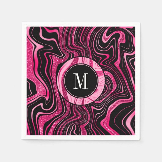 Glam Hot Pink Black Marble Agate Glitter Monogram Servet (Voorkant)