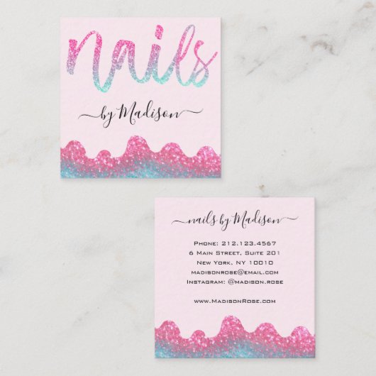 Glam Hot Pink Glitter Drips Nagels Manicure Salon Vierkante Visitekaartje (Voorkant / Achterkant)