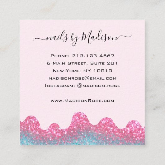 Glam Hot Pink Glitter Drips Nagels Manicure Salon Vierkante Visitekaartje (Achterkant)