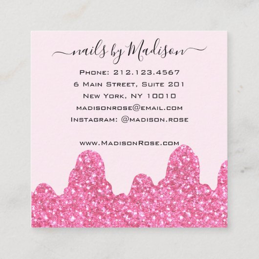Glam Hot Pink Glitter Drips Nagels Manicure Salon Vierkante Visitekaartje (Achterkant)