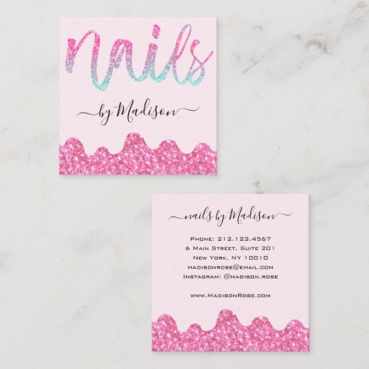 Glam Hot Pink Glitter Drips Nagels Manicure Salon Vierkante Visitekaartje (Voorkant / Achterkant)
