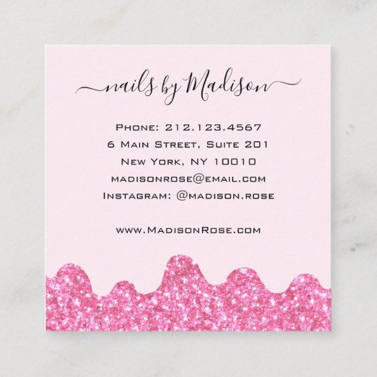 Glam Hot Pink Glitter Drips Nagels Manicure Salon Vierkante Visitekaartje (Achterkant)