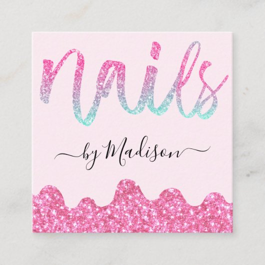 Glam Hot Pink Glitter Drips Nagels Manicure Salon Vierkante Visitekaartje (Voorkant)