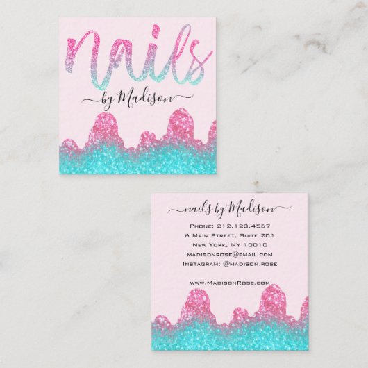 Glam Hot Pink Glitter Drips Nagels Manicure Salon Vierkante Visitekaartje (Voorkant / Achterkant)