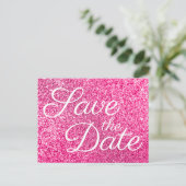 Glam Hot Pink Glitter Photo Save the Date Briefkaart (Staand voorkant)