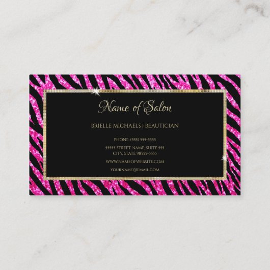 Glam Hot Pink Glitter Zebra Print en Goud Lijst Visitekaartje (Achterkant)
