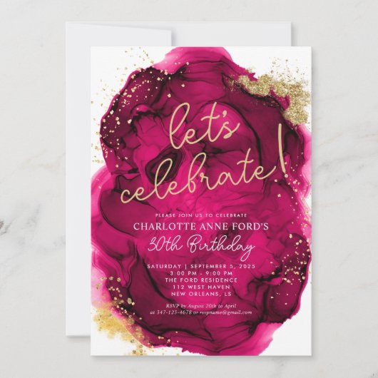 Glam Hot Pink Gold Glitter Alcohol Inkt Birthday Kaart (Voorkant)