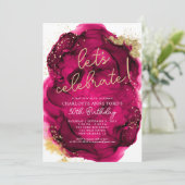 Glam Hot Pink Gold Glitter Alcohol Inkt Birthday Kaart (Staand voorkant)